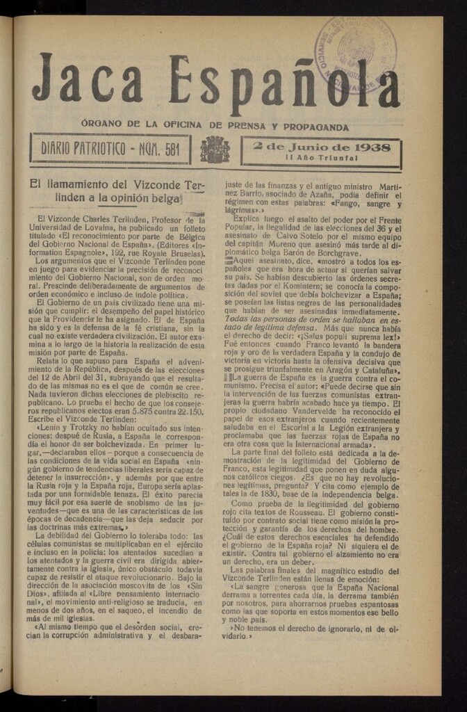 Miniatura de Jaca española : noticiero oficial del 2 de junio de 1938, nº 581