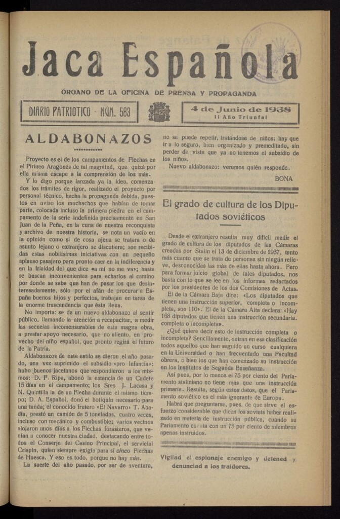 Miniatura de Jaca española : noticiero oficial del 4 de junio de 1938, nº 583