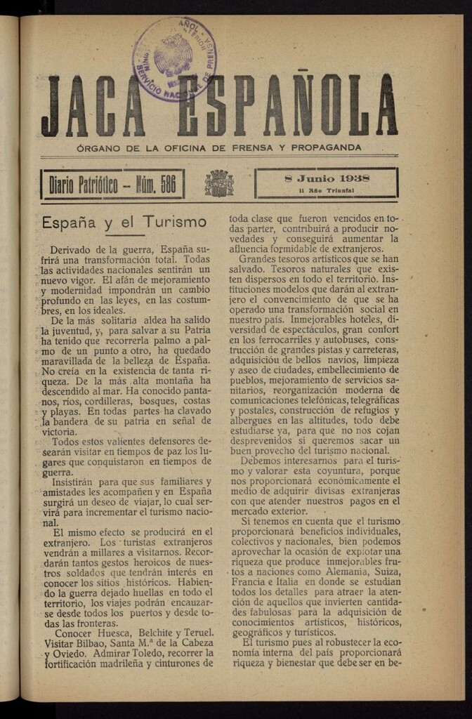 Miniatura de Jaca española : noticiero oficial del 8 de junio de 1938, nº 586