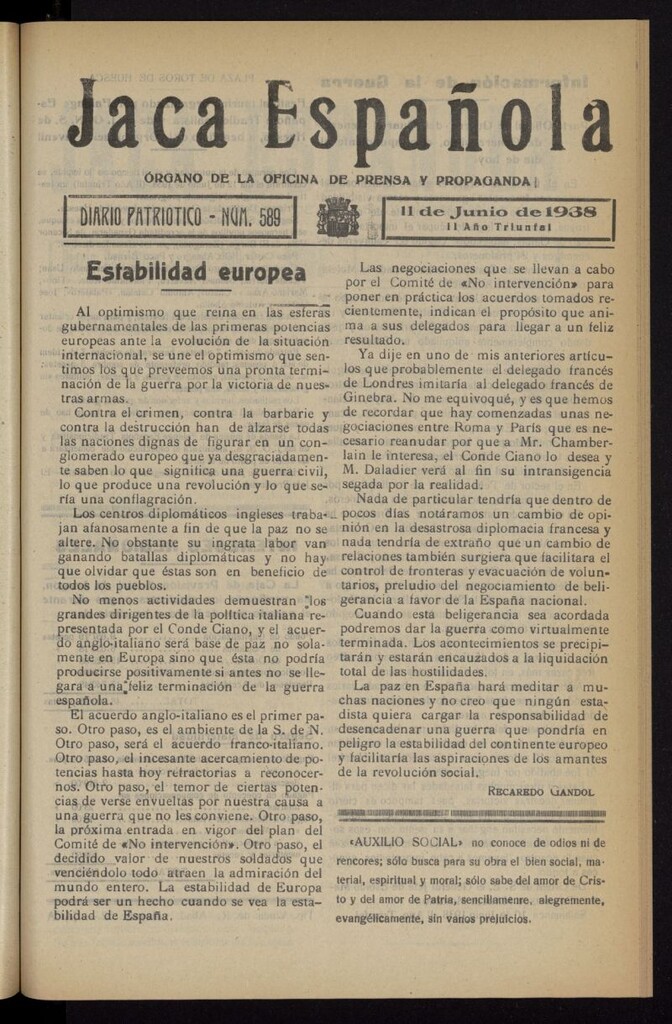 Miniatura de Jaca española : noticiero oficial del 11 de junio de 1938, nº 589