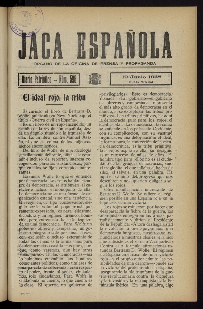Miniatura de Jaca española : noticiero oficial del 19 de junio de 1938, nº 596
