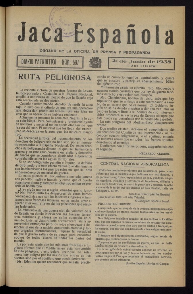 Miniatura de Jaca española : noticiero oficial del 21 de junio de 1938, nº 597