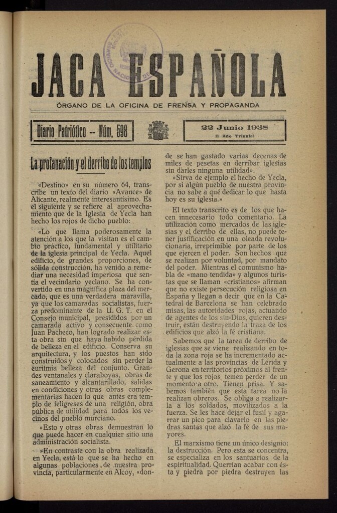 Miniatura de Jaca española : noticiero oficial del 22 de junio de 1938, nº 598