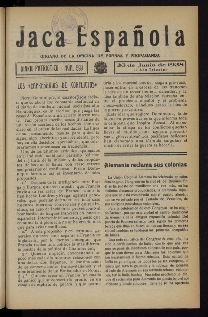Miniatura de Jaca española : noticiero oficial del 23 de junio de 1938, nº 599