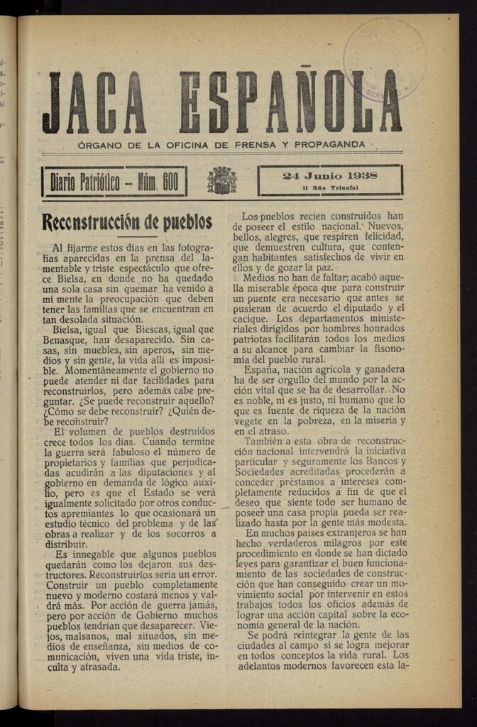 Miniatura de Jaca española : noticiero oficial del 24 de junio de 1938, nº 600