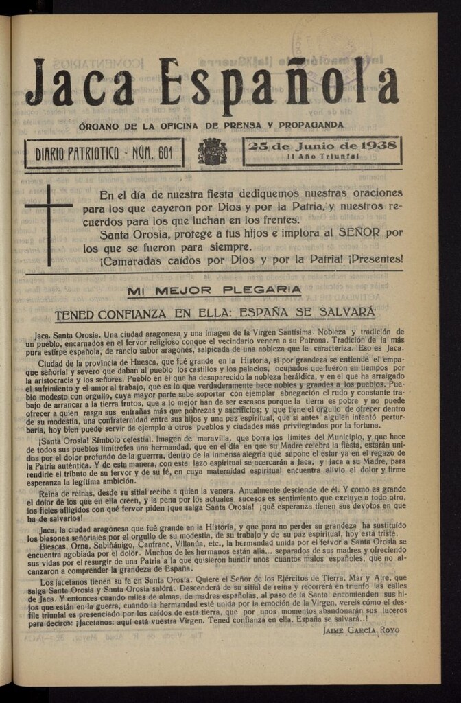 Miniatura de Jaca española : noticiero oficial del 25 de junio de 1938, nº 601