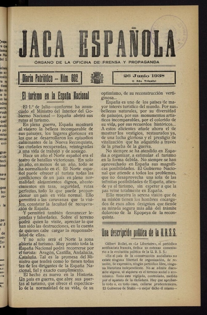 Miniatura de Jaca española : noticiero oficial del 26 de junio de 1938, nº 602