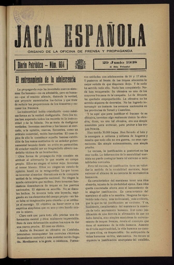 Miniatura de Jaca española : noticiero oficial del 29 de junio de 1938, nº 604