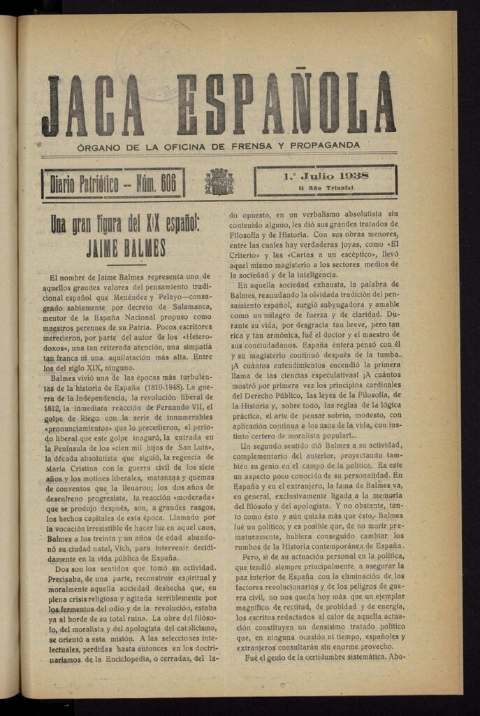 Miniatura de Jaca española : noticiero oficial del 1 de julio de 1938, nº 606