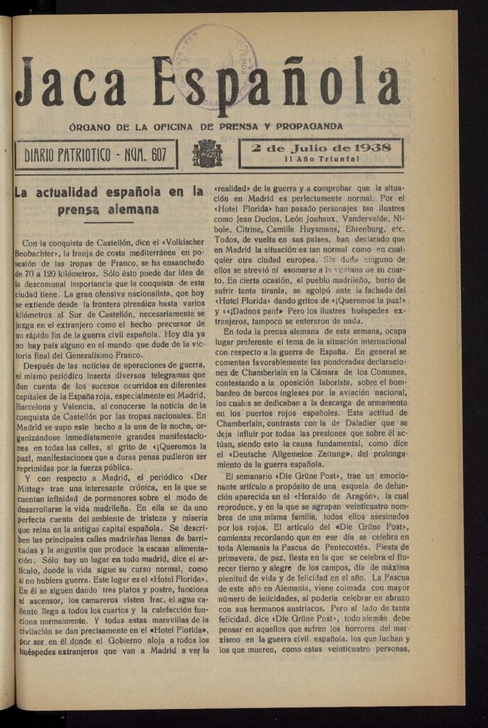 Miniatura de Jaca española : noticiero oficial del 2 de julio de 1938, nº 607