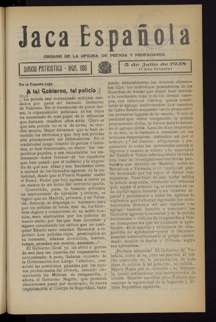 Miniatura de Jaca española : noticiero oficial del 5 de julio de 1938, nº 609
