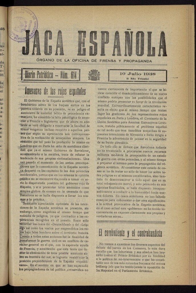 Miniatura de Jaca española : noticiero oficial del 10 de julio de 1938, nº 614