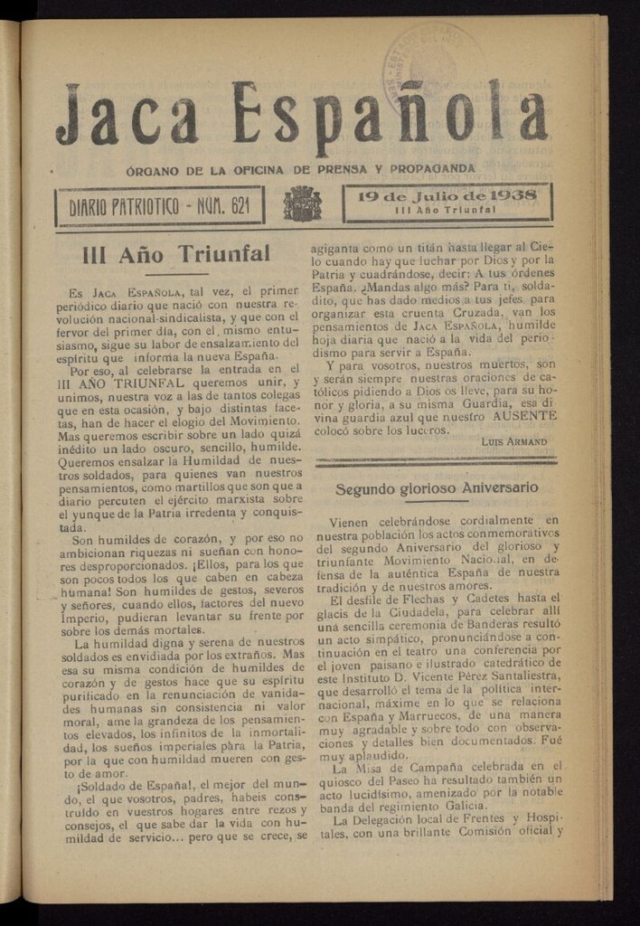 Miniatura de Jaca española : noticiero oficial del 19 de julio de 1938, nº 621