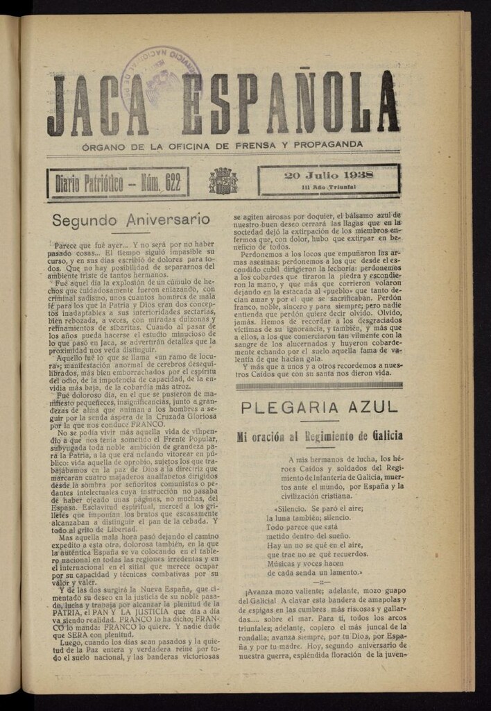 Miniatura de Jaca española : noticiero oficial del 20 de julio de 1938, nº 622