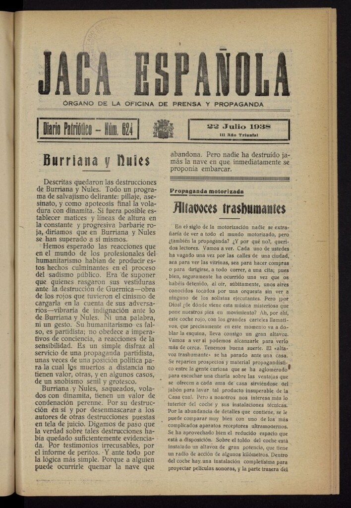 Miniatura de Jaca española : noticiero oficial del 22 de julio de 1938, nº 624