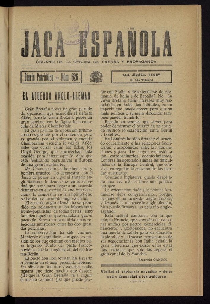 Miniatura de Jaca española : noticiero oficial del 24 de julio de 1938, nº 626