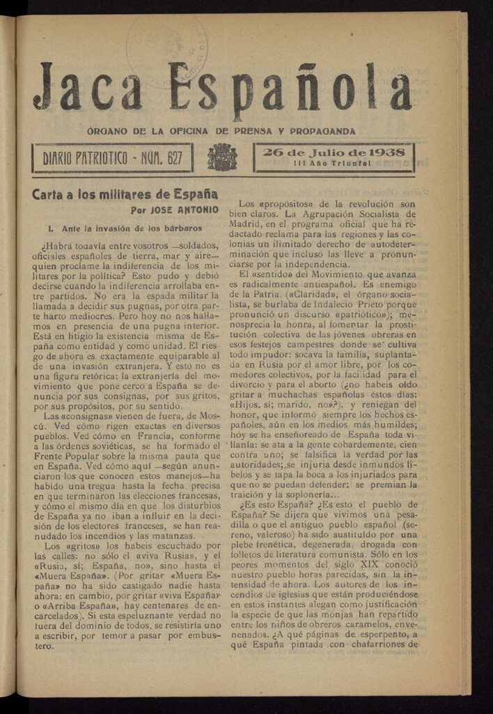 Miniatura de Jaca española : noticiero oficial del 26 de julio de 1938, nº 627