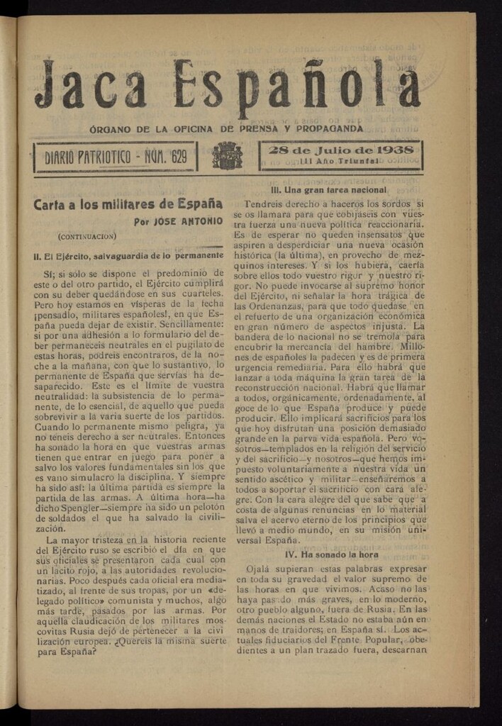 Miniatura de Jaca española : noticiero oficial del 28 de julio de 1938, nº 629