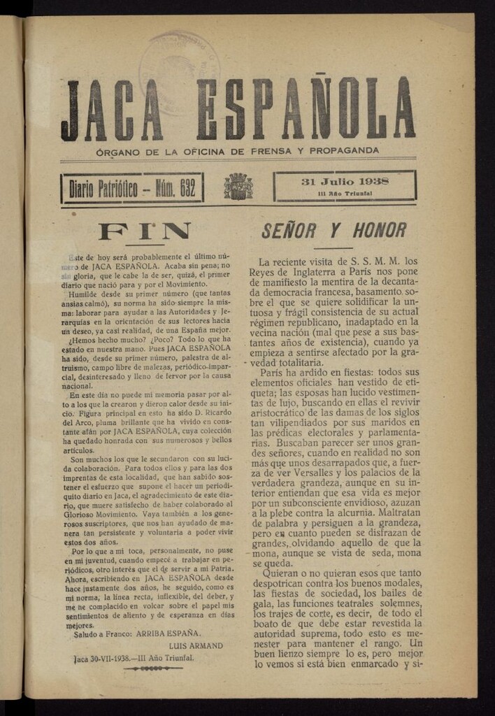 Miniatura de Jaca española : noticiero oficial del 31 de julio de 1938, nº 632