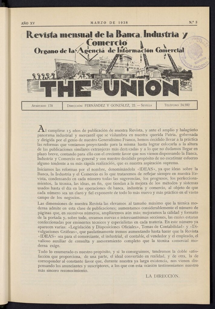 Miniatura de IDEAS : revista mensual de la banca, industria y comercio de marzo de 1938, nº 3