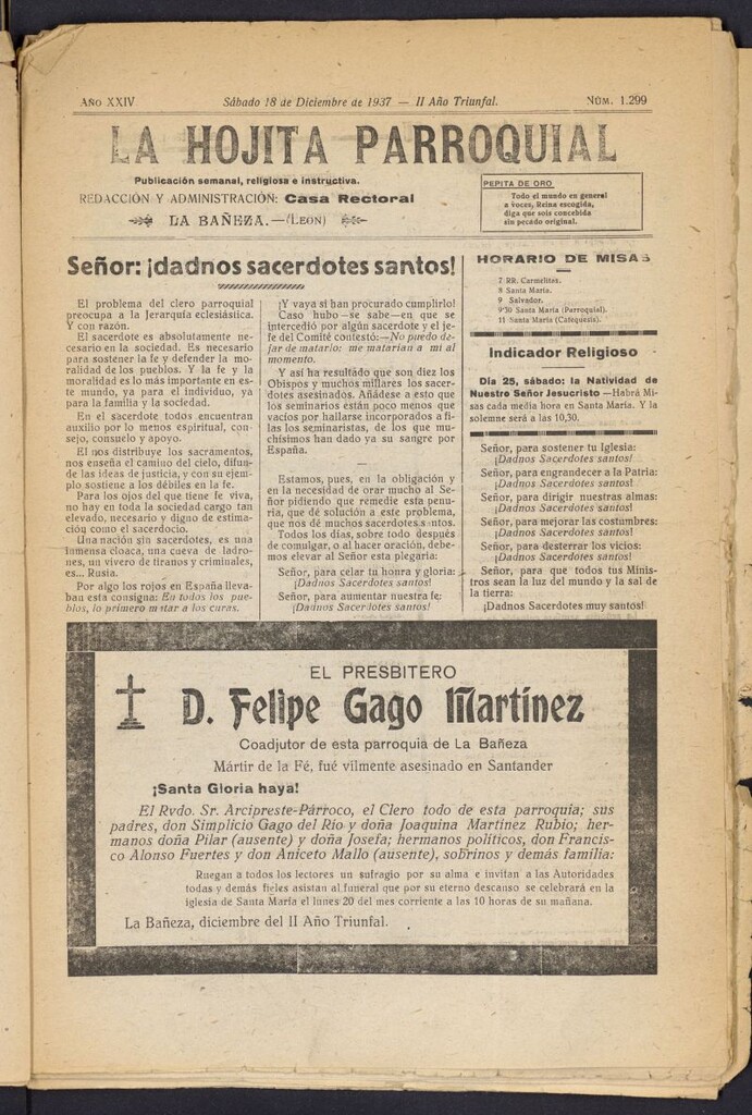 Miniatura de La hojita parroquial : publicación semanal religiosa e instructiva del 18 de diciembre de 1937, nº 1299
