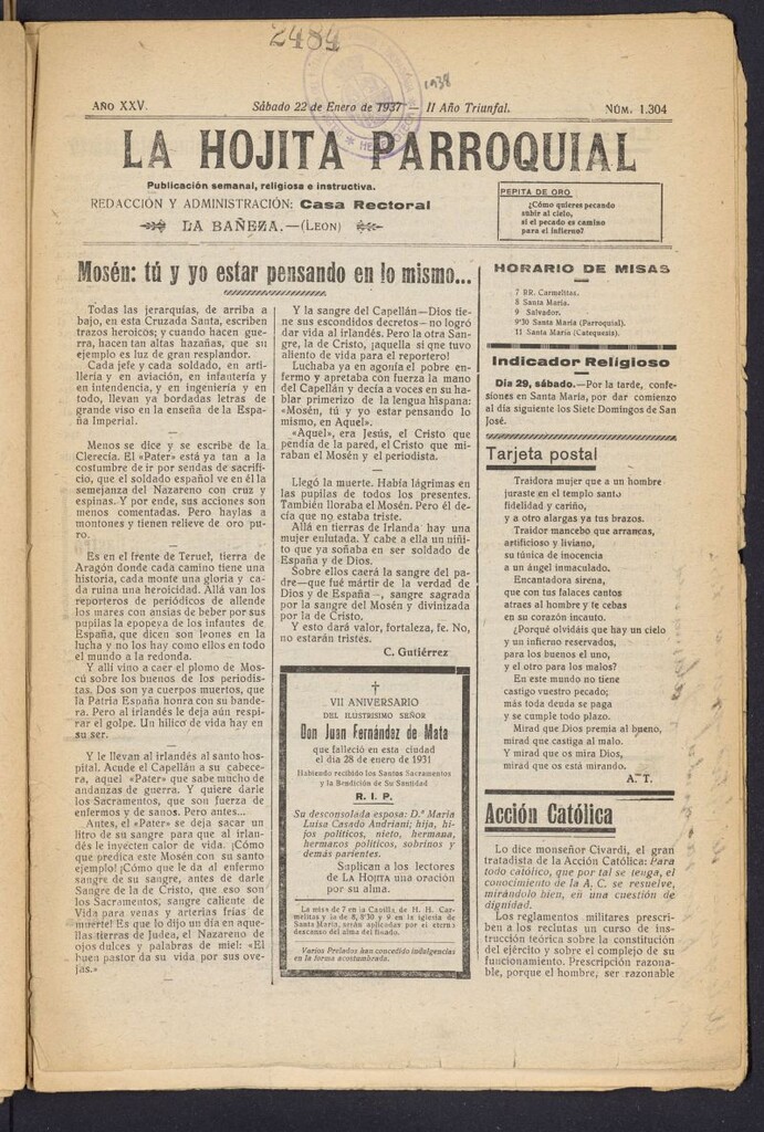 Miniatura de La hojita parroquial : publicación semanal religiosa e instructiva del 22 de enero de 1938, nº 1304