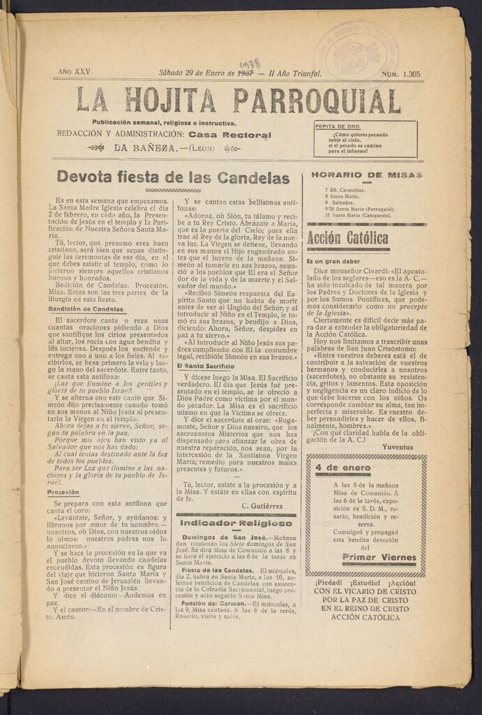 Miniatura de La hojita parroquial : publicación semanal religiosa e instructiva del 29 de enero de 1938, nº 1305