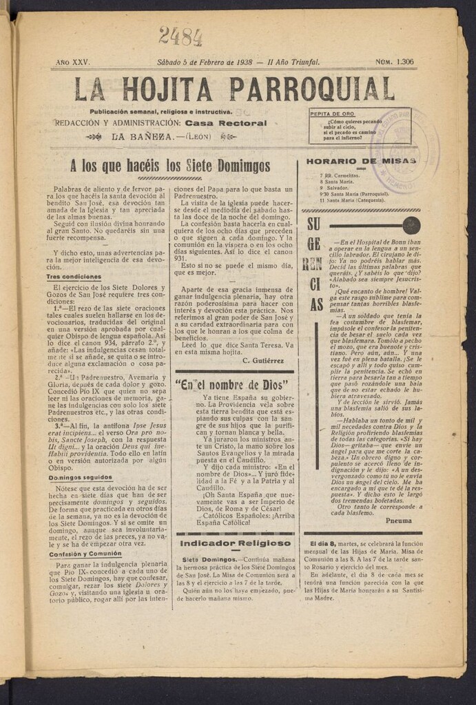 Miniatura de La hojita parroquial : publicación semanal religiosa e instructiva del 5 de febrero de 1938, nº 1306