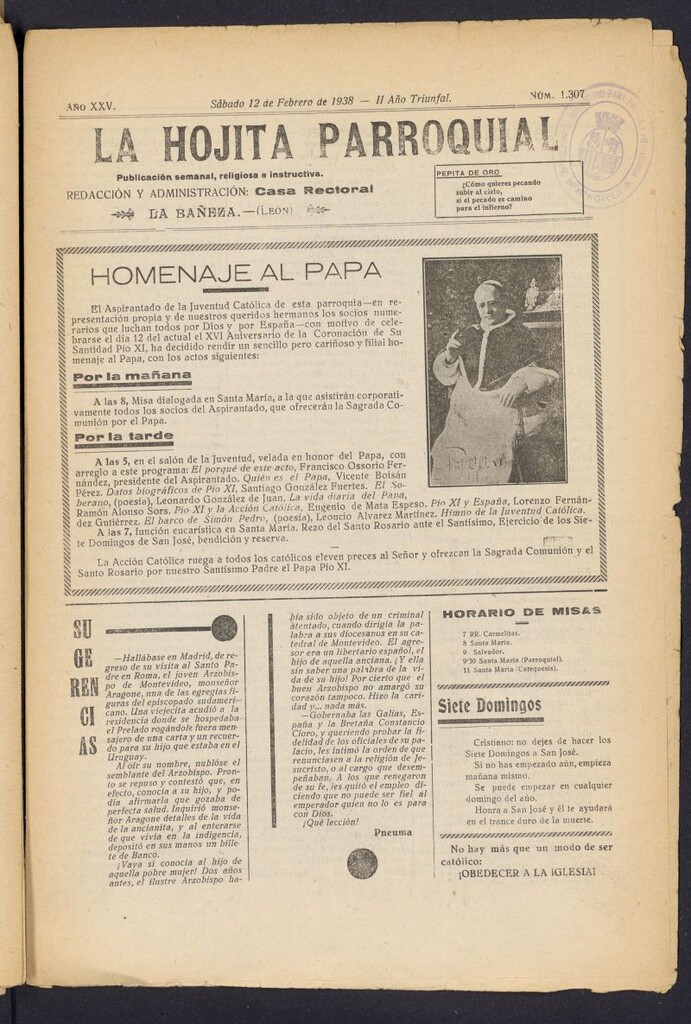 Miniatura de La hojita parroquial : publicación semanal religiosa e instructiva del 12 de febrero de 1938, nº 1307