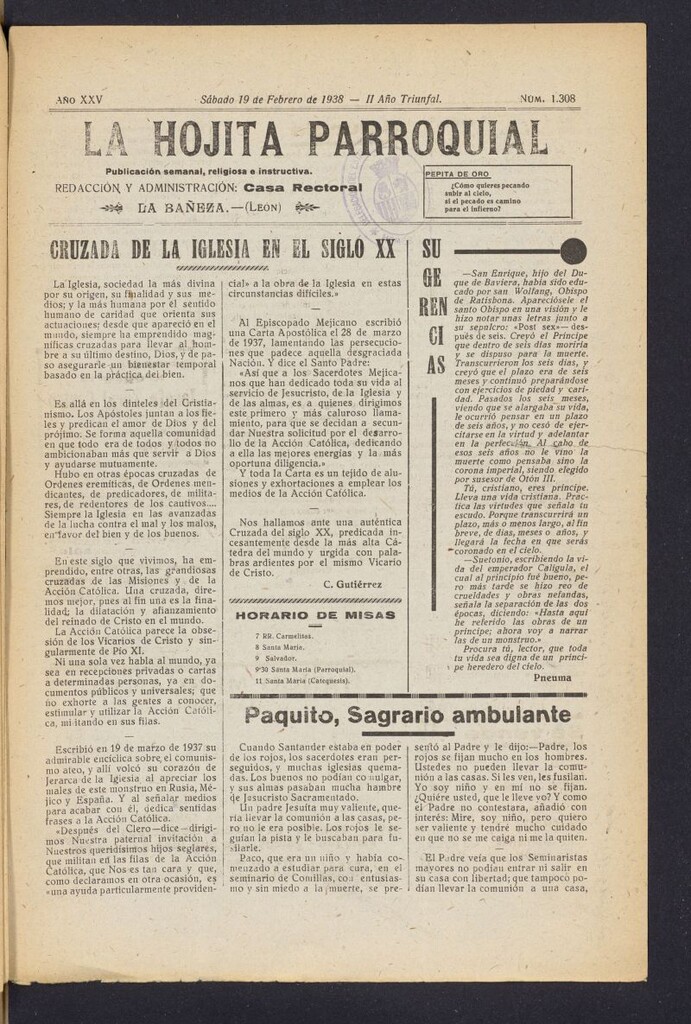 Miniatura de La hojita parroquial : publicación semanal religiosa e instructiva del 19 de febrero de 1938, nº 1308
