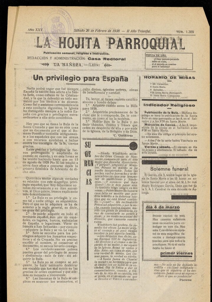Miniatura de La hojita parroquial : publicación semanal religiosa e instructiva del 26 de febrero de 1938, nº 1309