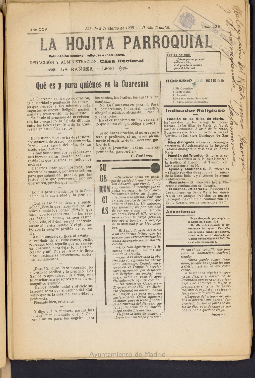 Miniatura de La hojita parroquial : publicación semanal religiosa e instructiva del 5 de marzo de 1938, nº 1310