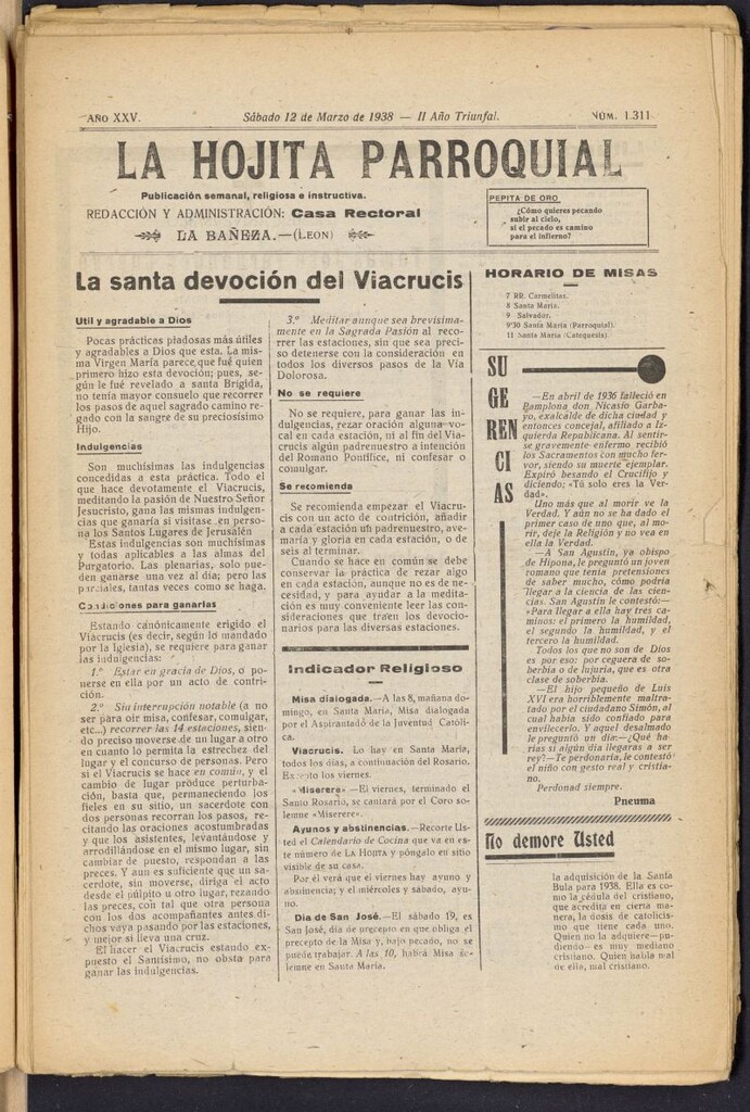 Miniatura de La hojita parroquial : publicación semanal religiosa e instructiva del 12 de marzo de 1938, nº 1311