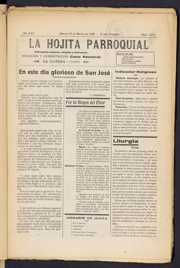 Miniatura de La hojita parroquial : publicación semanal religiosa e instructiva del 19 de marzo de 1938, nº 1312