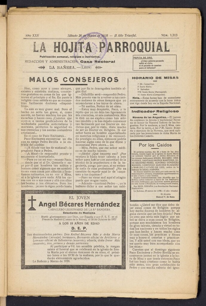 Miniatura de La hojita parroquial : publicación semanal religiosa e instructiva del 26 de marzo de 1938, nº 1313