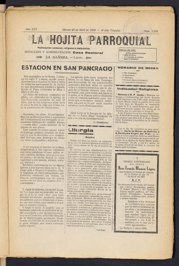 Miniatura de La hojita parroquial : publicación semanal religiosa e instructiva del 23 de abril de 1938, nº 1316