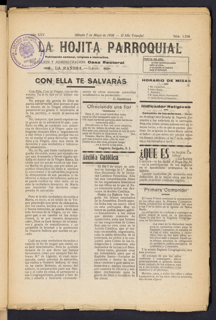 Miniatura de La hojita parroquial : publicación semanal religiosa e instructiva del 7 de mayo de 1938, nº 1318