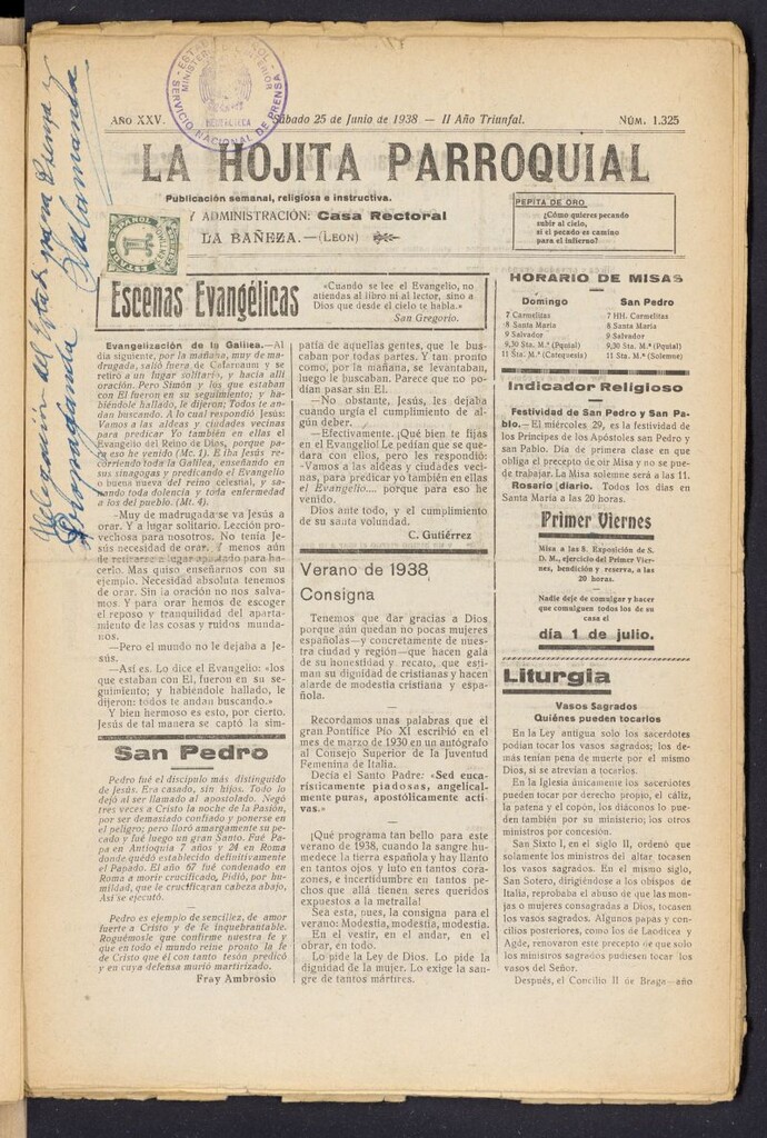 Miniatura de La hojita parroquial : publicación semanal religiosa e instructiva del 25 de junio de 1938, nº 1325
