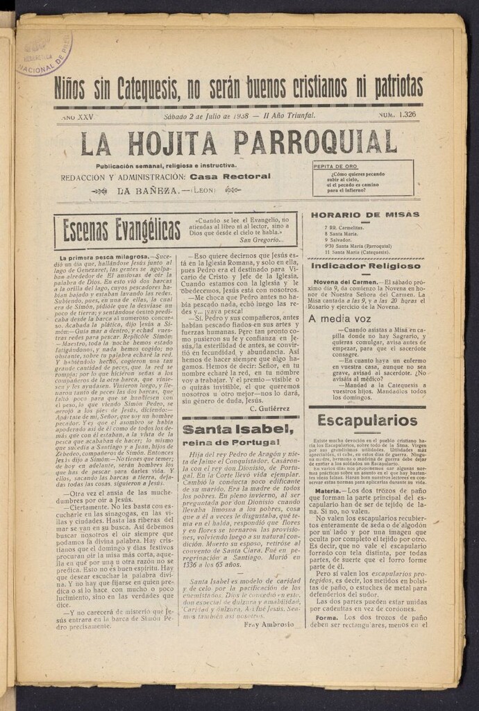 Miniatura de La hojita parroquial : publicación semanal religiosa e instructiva del 2 de julio de 1938, nº 1326