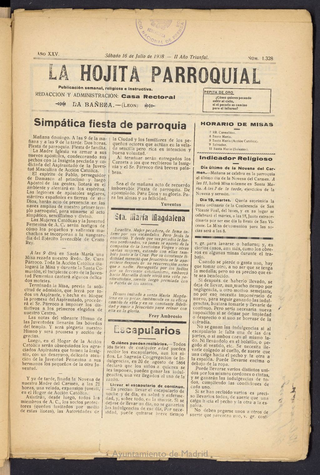 Miniatura de La hojita parroquial : publicación semanal religiosa e instructiva del 16 de julio de 1938, nº 1328