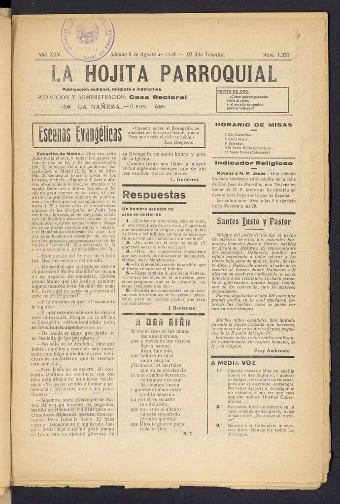 Miniatura de La hojita parroquial : publicación semanal religiosa e instructiva del 6 de agosto de 1938, nº 1331