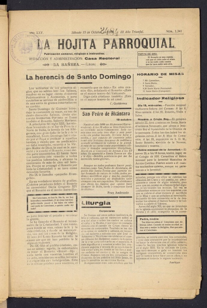 Miniatura de La hojita parroquial : publicación semanal religiosa e instructiva del 15 de octubre de 1938, nº 1341