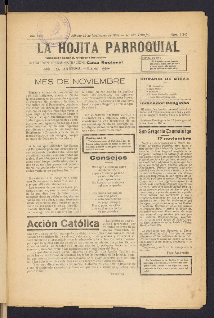 Miniatura de La hojita parroquial : publicación semanal religiosa e instructiva del 12 de noviembre de 1938, nº 1345