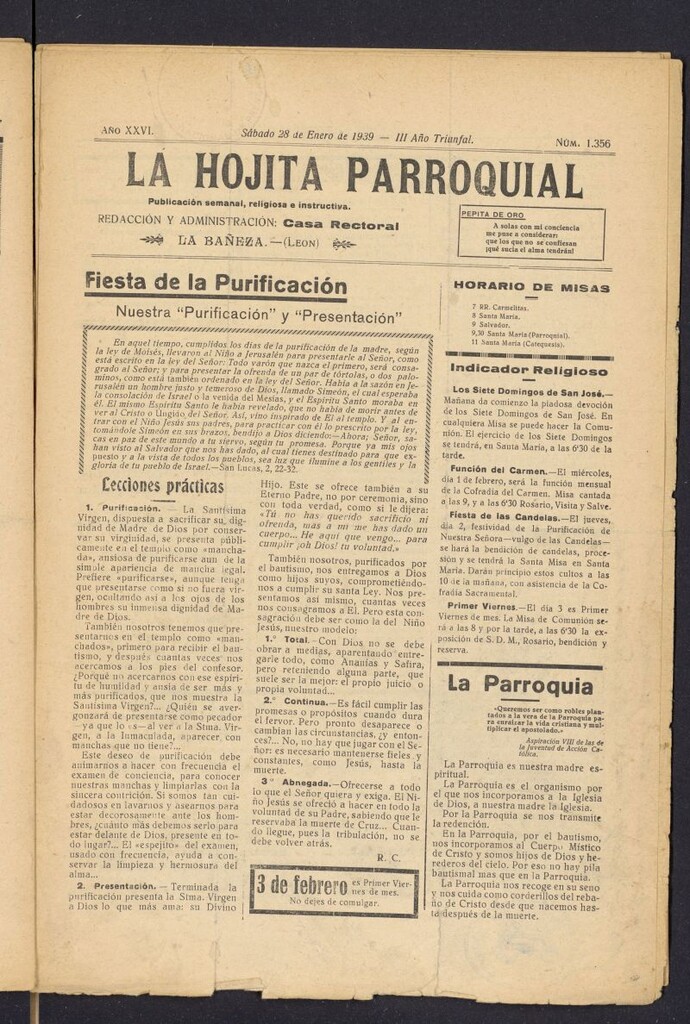 Miniatura de La hojita parroquial : publicación semanal religiosa e instructiva del 28 de enero de 1939, nº 1356