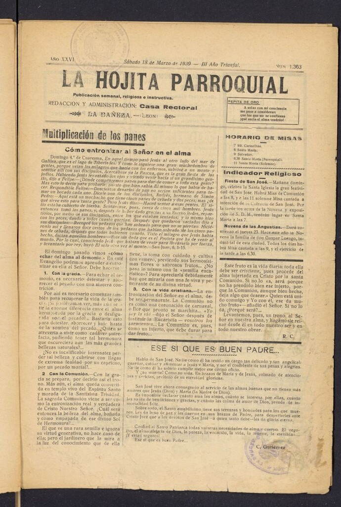 Miniatura de La hojita parroquial : publicación semanal religiosa e instructiva del 18 de marzo de 1939, nº 1363