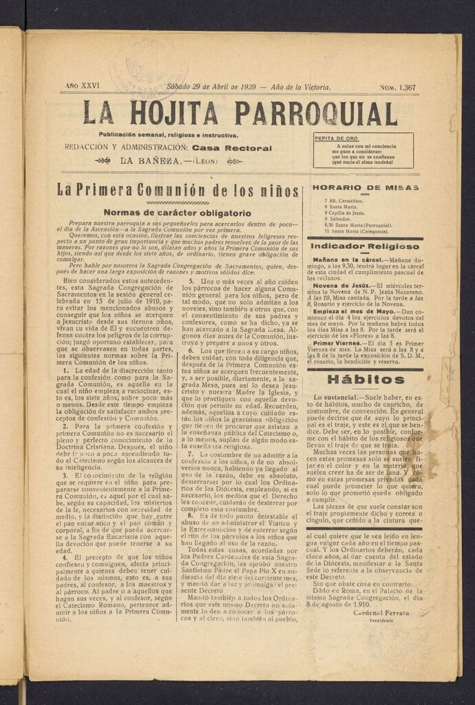 Miniatura de La hojita parroquial : publicación semanal religiosa e instructiva del 29 de abril de 1939, nº 1367