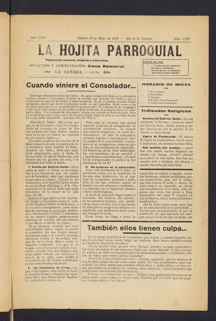 Miniatura de La hojita parroquial : publicación semanal religiosa e instructiva del 20 de mayo de 1939, nº 1370