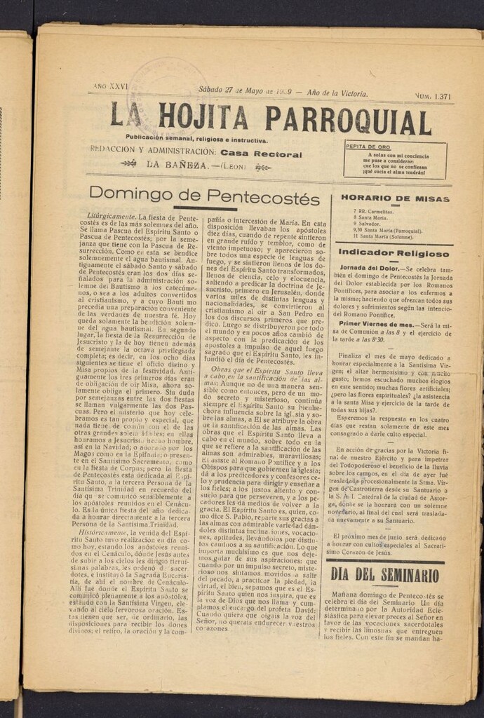 Miniatura de La hojita parroquial : publicación semanal religiosa e instructiva del 27 de mayo de 1939, nº 1371
