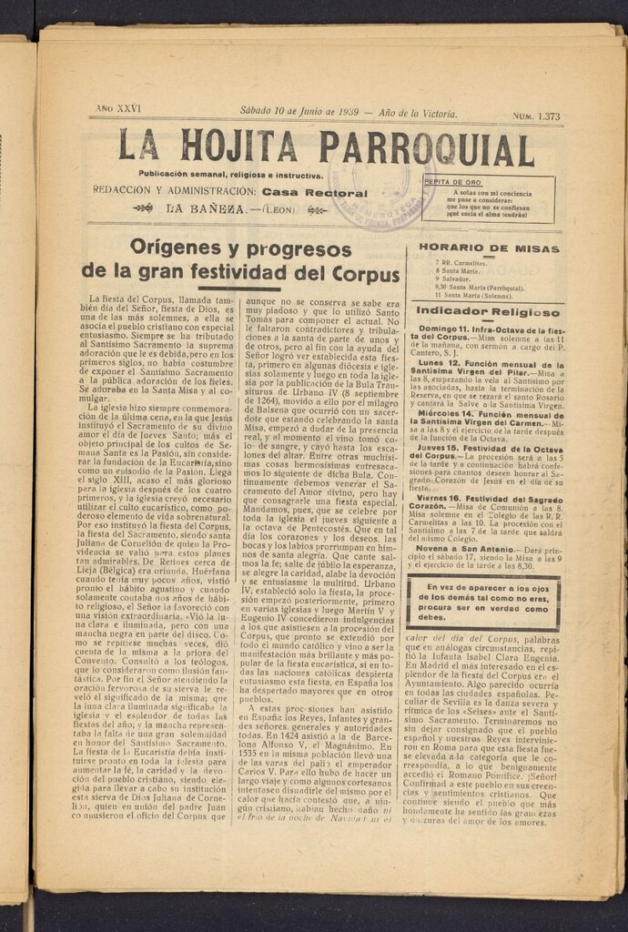 Miniatura de La hojita parroquial : publicación semanal religiosa e instructiva del 10 de junio de 1939, nº 1373