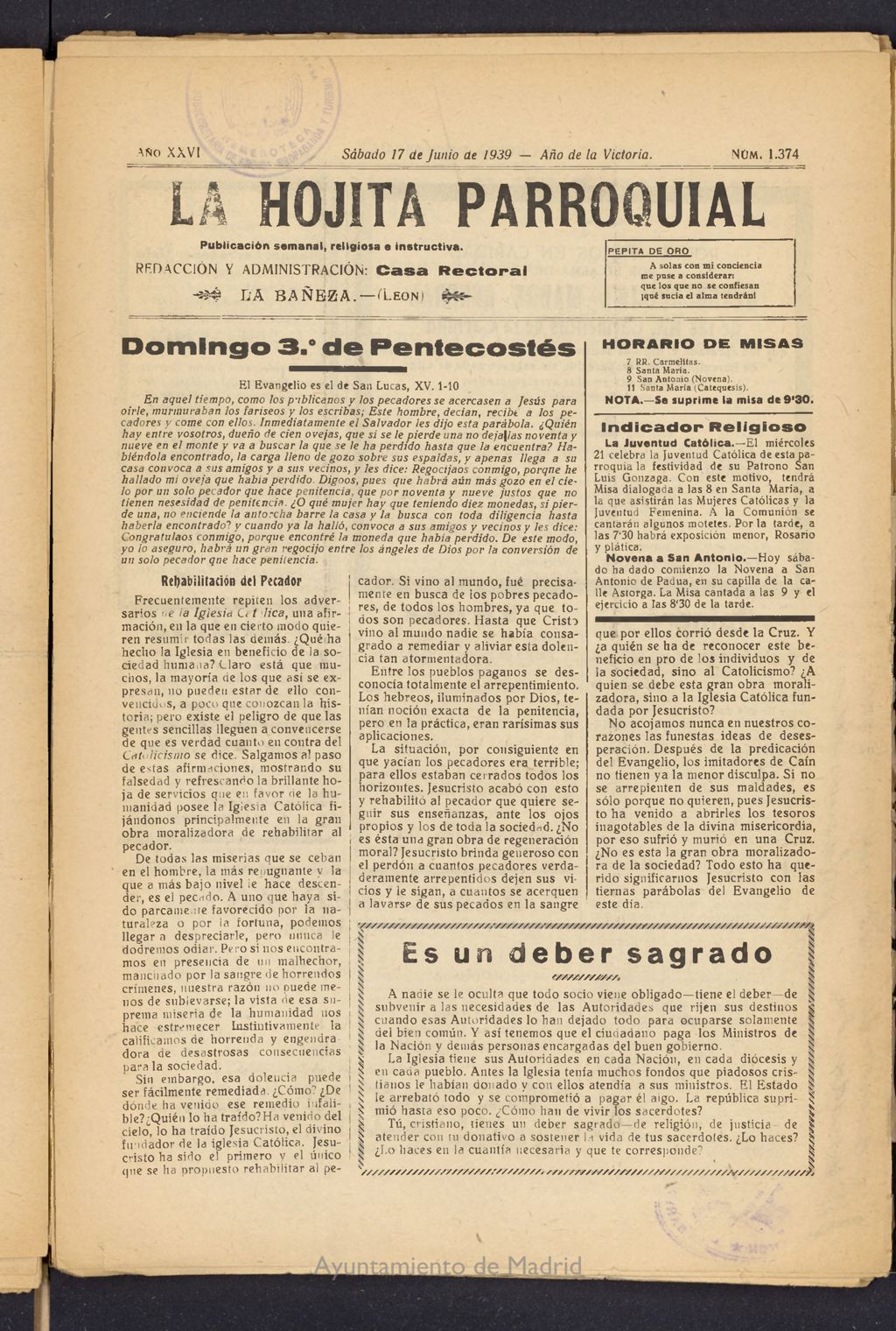 Miniatura de La hojita parroquial : publicación semanal religiosa e instructiva del 17 de junio de 1939, nº 1374